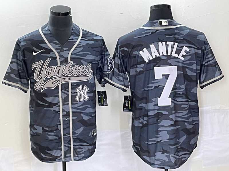 Mens New York Yankees #7 Mickey Mantle Grey Camo Cool Base With Patch Baseball Jersey